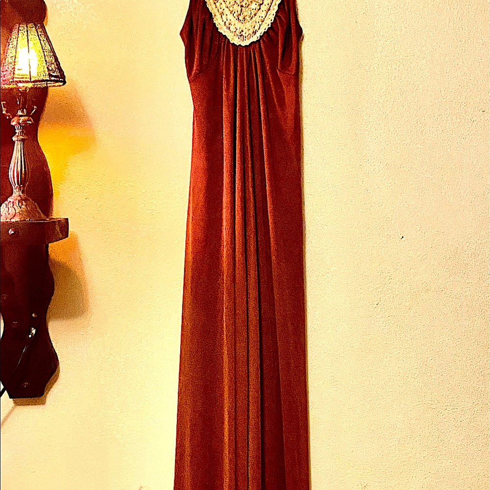 Handmade 70s boho maxi dress w shell & lace detail
